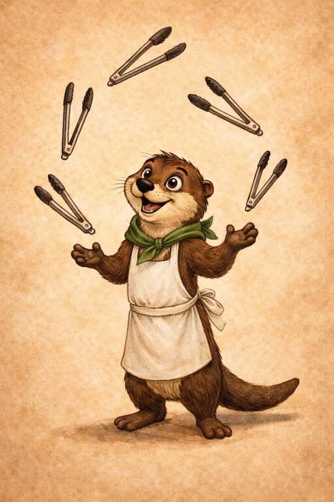 Painted illustration of Pippa, an otter apprentice cook juggling three pairs of kitchen tongs