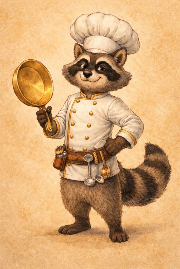 Painted illustration of Reggie, a raccoon cook in a gold-trimmed chef jacket holding a shiny gold pan