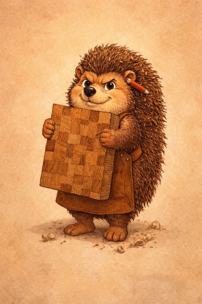 Painted illustration of Spike, a hedgehog woodworker hugging a big end-grain cutting board