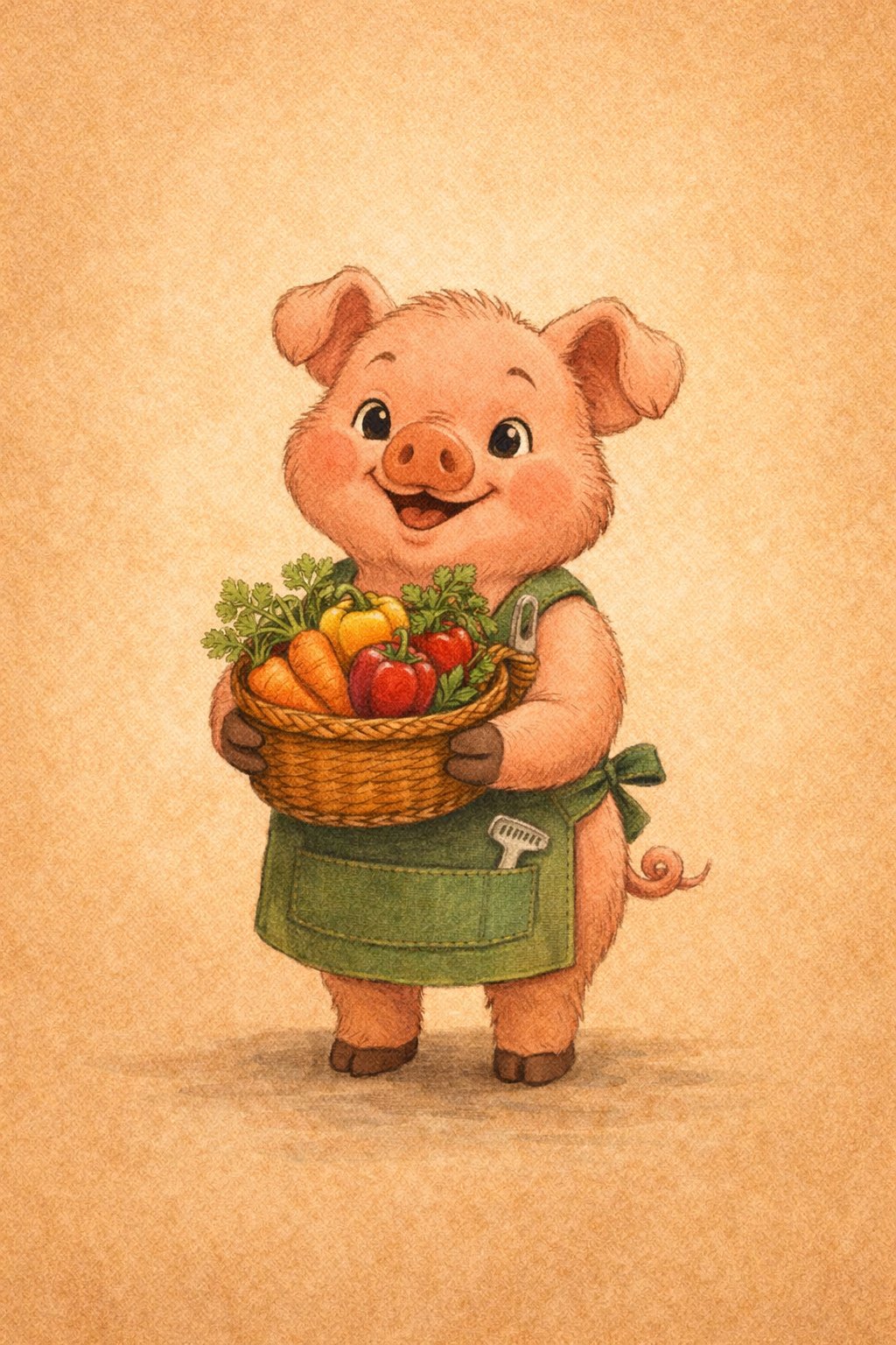 Painted illustration of Truffle, a pink piglet in a green apron holding a basket of carrots, peppers and greens