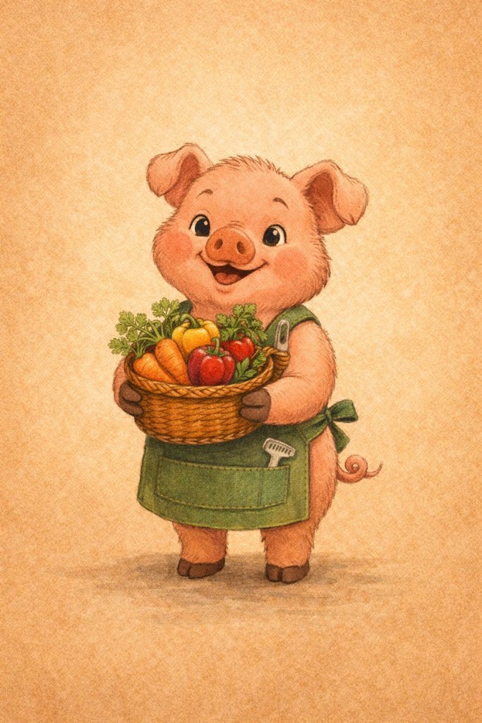 Painted illustration of Truffle, a pink piglet in a green apron holding a basket of carrots, peppers and greens