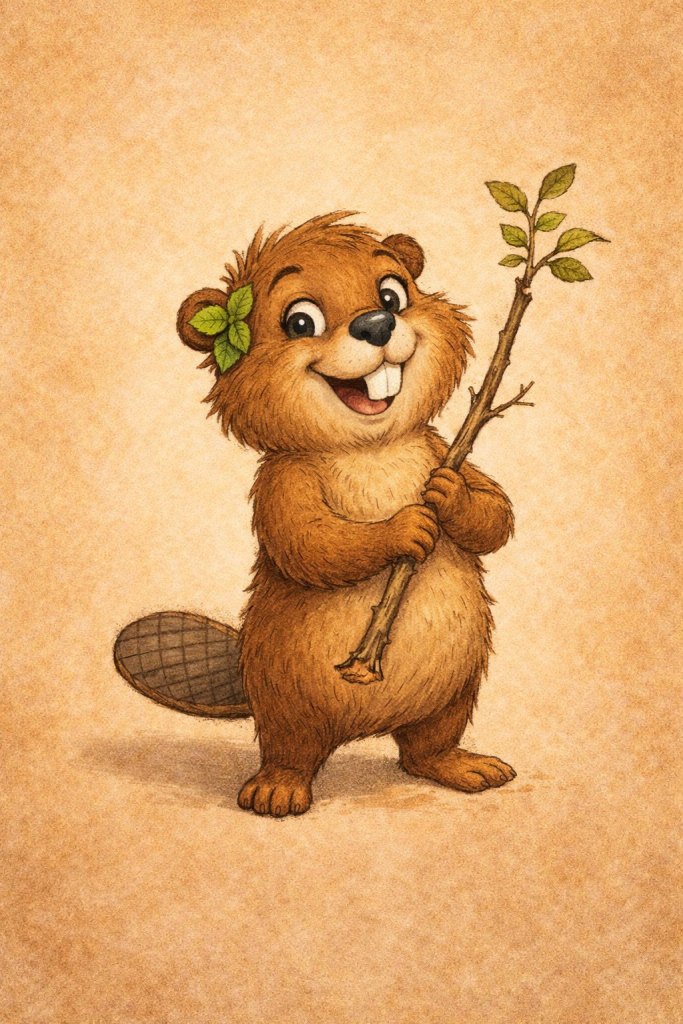 Painted illustration of Twig, a small young beaver holding a sapling she just chewed down