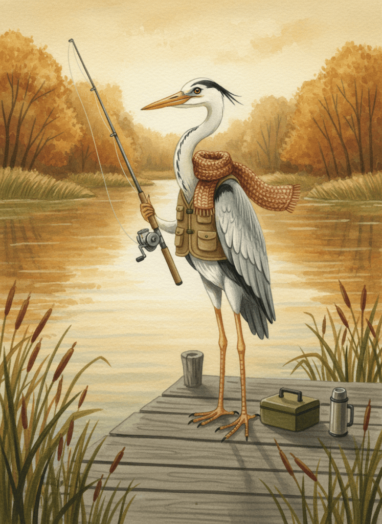 Painted illustration of Willa, a grey heron angler in a khaki fishing vest and scarf, holding a spinning rod at the end of a wooden dock among the reeds