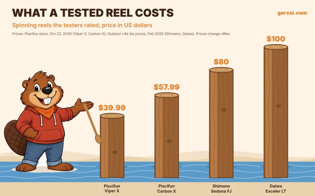Chart: Gerzsi the beaver points at wooden stakes showing spinning reel prices: Piscifun Viper X $39.99, Piscifun Carbon X $57.99, Shimano Sedona FJ $80, Daiwa Exceler LT $100