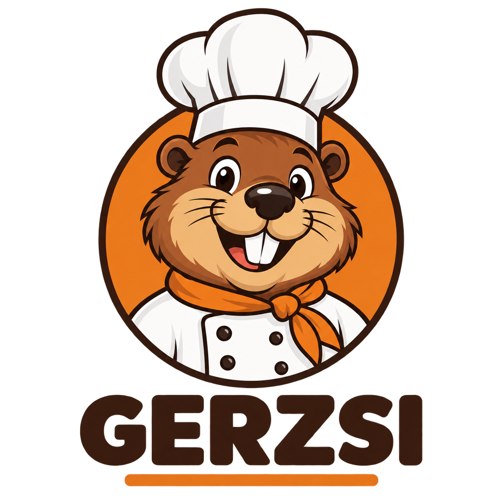 Gerzsi logo: beaver head chef in an orange badge