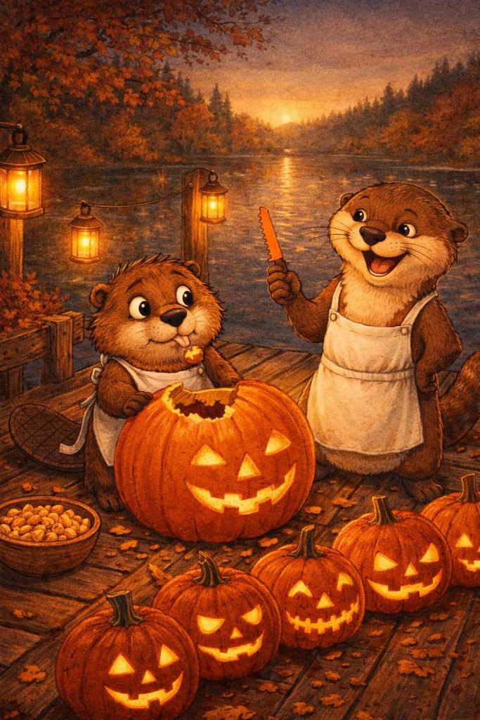 Painted illustration of Gerzsi the beaver behind a pumpkin with a bite out of its top, while Pippa the otter laughs and holds up a small orange carving saw on a lantern-lit river dock