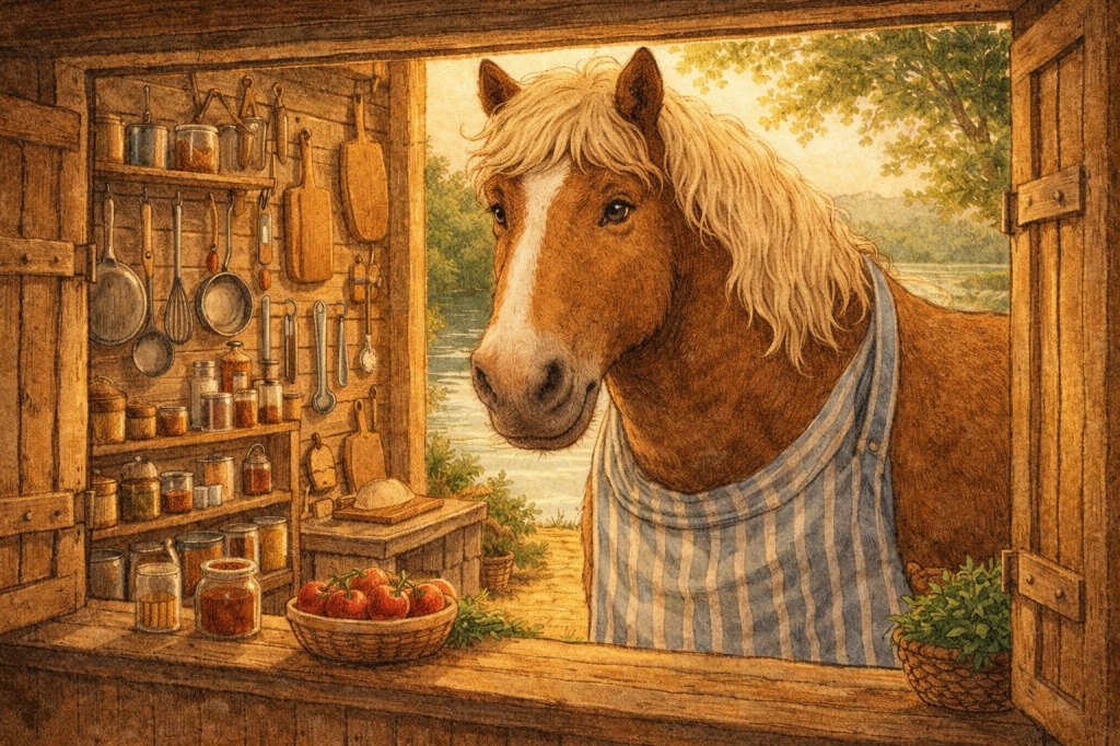 Painted illustration of Clyde the horse leaning in through a kitchen shop window full of pans, whisks, cutting boards and jars