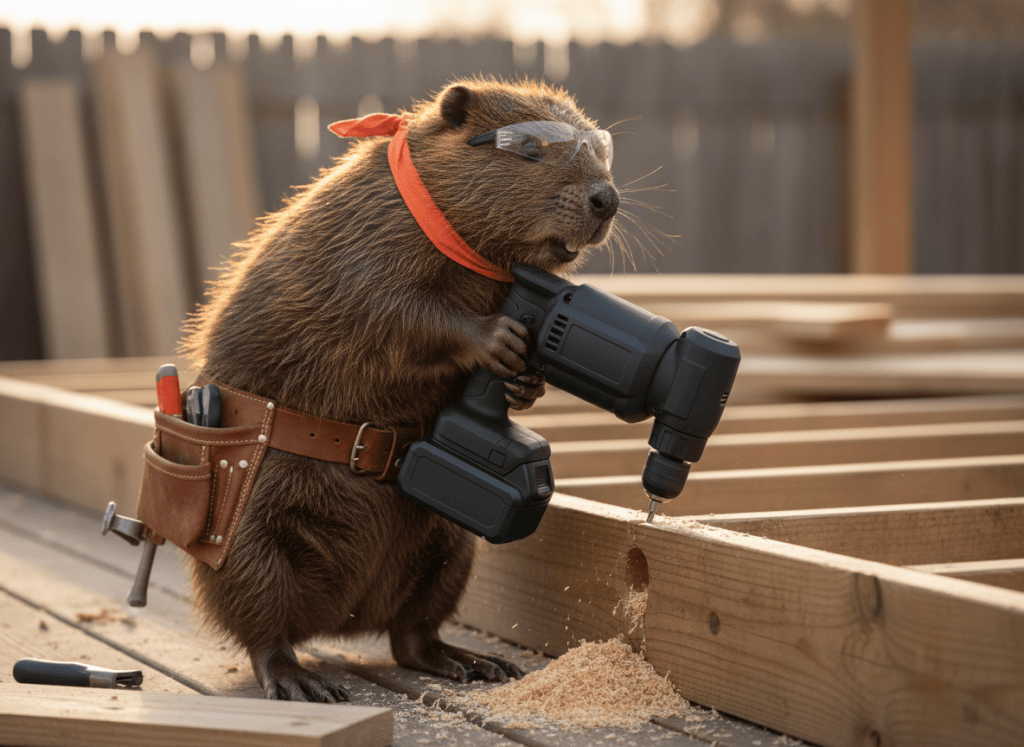 Lifelike illustration of Gerzsi the beaver drilling through a deck joist with a large heavy-duty cordless hammer drill