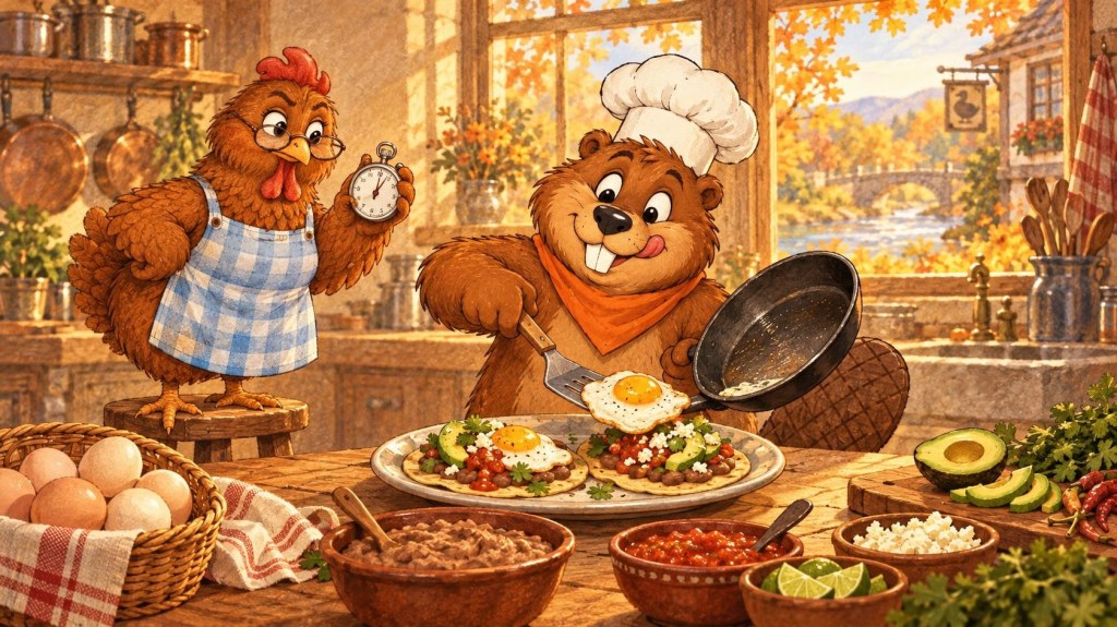 Painted illustration: Gerzsi the beaver slides fried eggs onto tortillas with beans, salsa and avocado while Hettie the hen times it with a stopwatch.