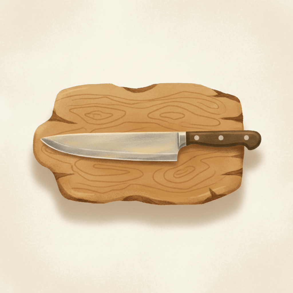Gouache illustration of an 8-inch chef's knife resting on a wooden cutting board