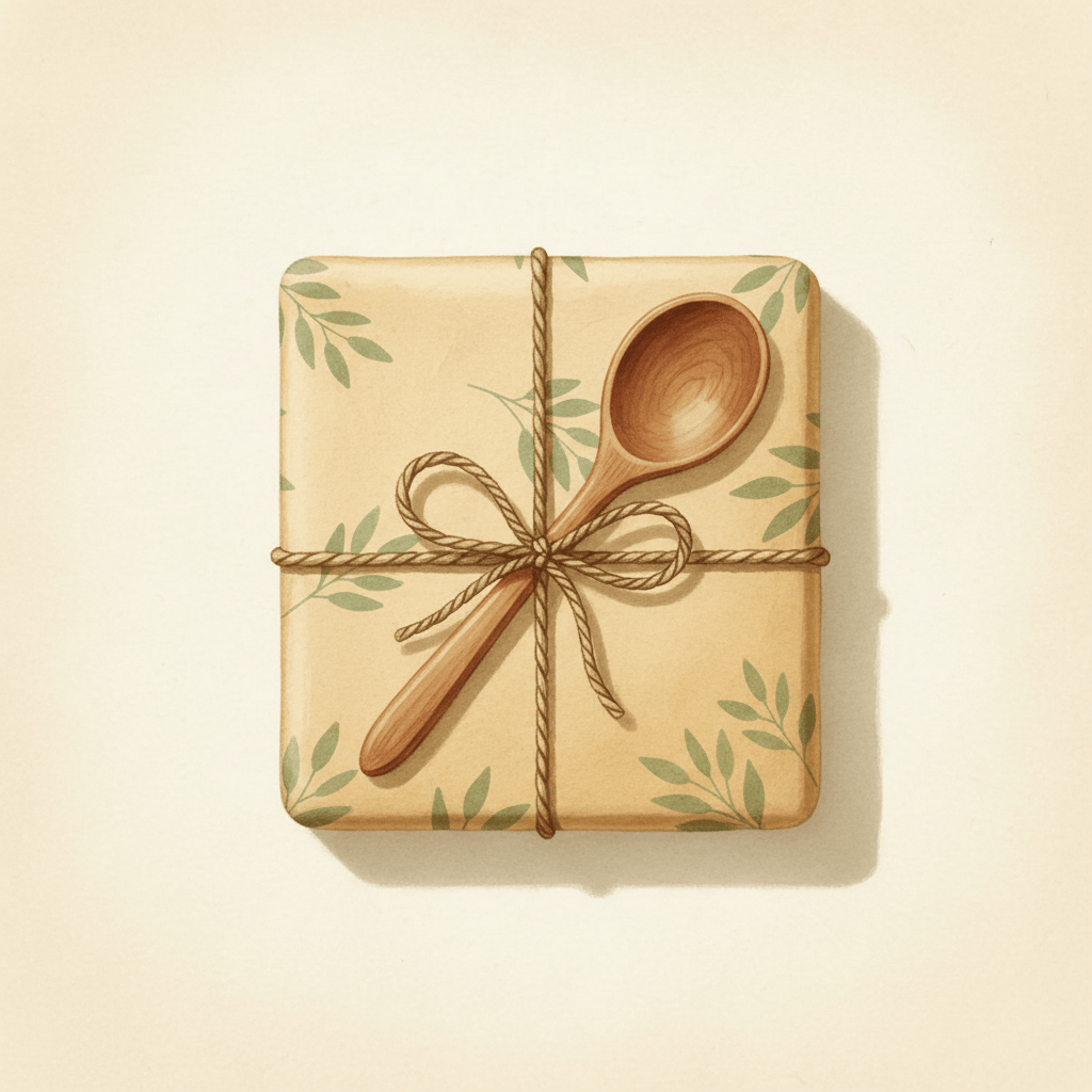 Gouache illustration of a gift box tied with twine with a wooden spoon tucked under the ribbon
