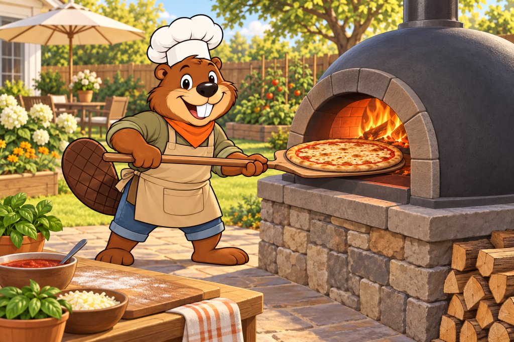Cartoon illustration of Gerzsi the beaver chef sliding a large pizza into a big dome-shaped outdoor pizza oven on a stone base