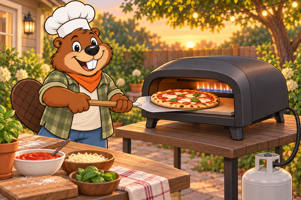 Cartoon illustration of Gerzsi the beaver chef sliding a 14-inch pizza into a dark gray portable propane pizza oven