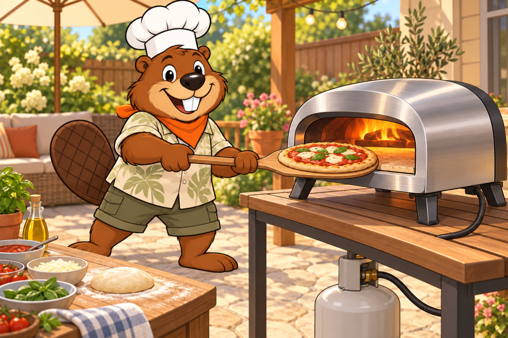 Cartoon illustration of Gerzsi the beaver chef launching a pizza into a compact stainless-steel propane pizza oven on a patio table