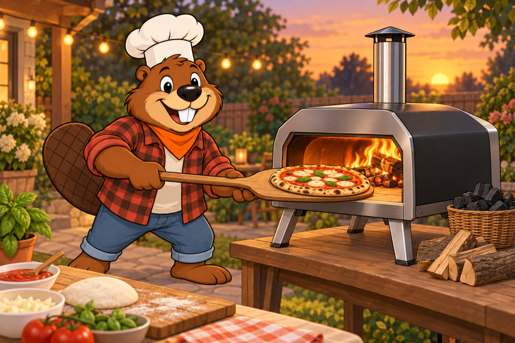 Cartoon illustration of Gerzsi the beaver chef launching a pizza into a portable wood- and charcoal-fired pizza oven with a chimney