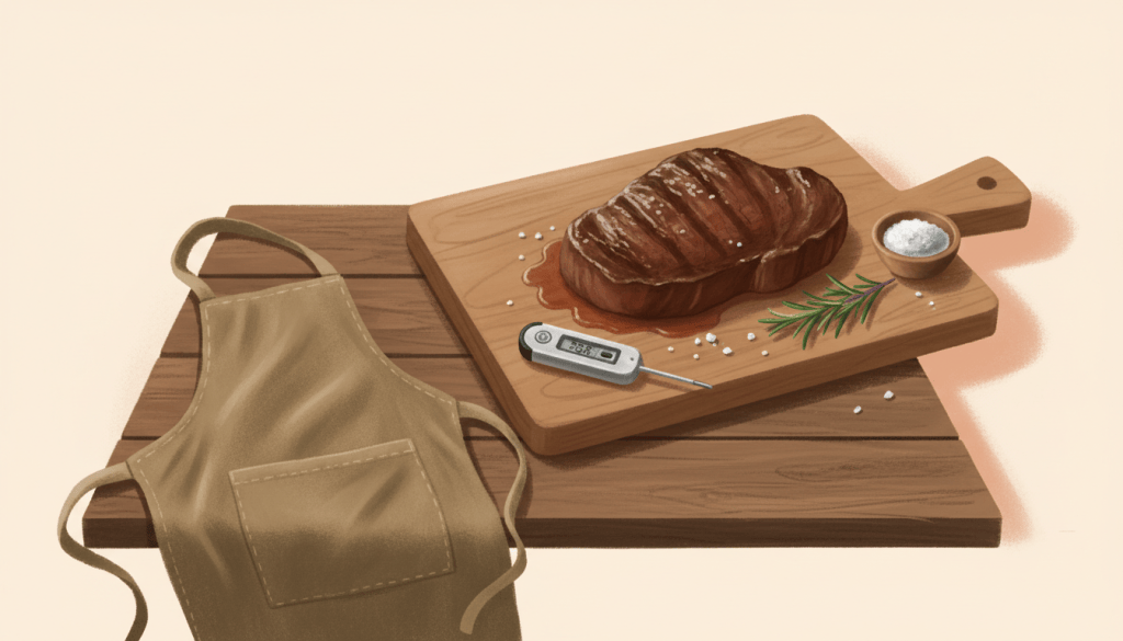 Storybook illustration of a folding digital instant-read thermometer next to a seared steak on a wooden board, with an apron draped at the table's edge
