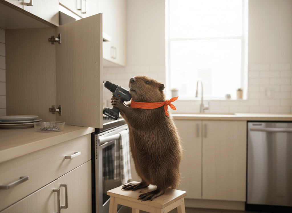 Lifelike illustration of Gerzsi the beaver fixing a kitchen cabinet hinge with a small light 12-volt drill