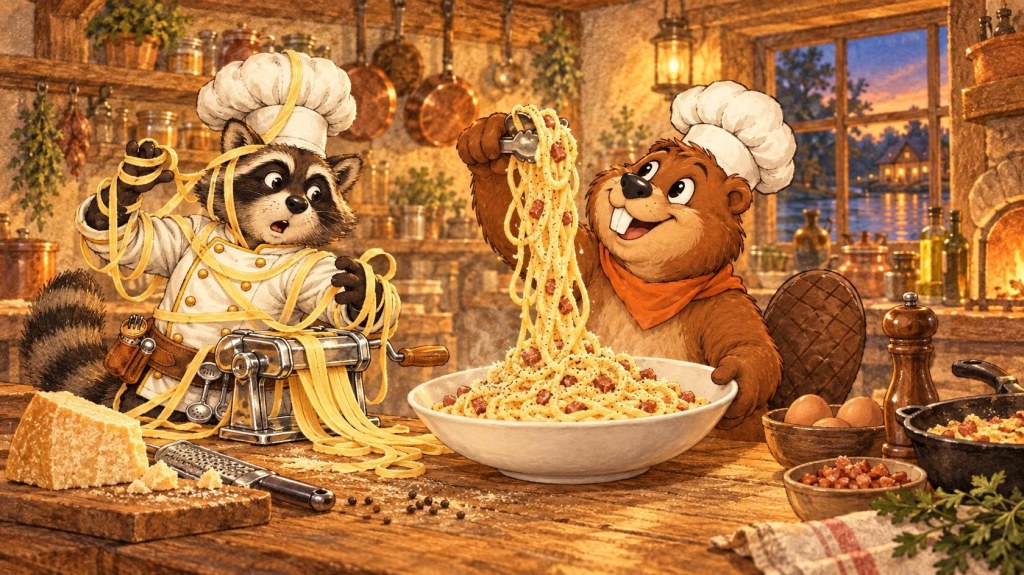 Painted illustration: Gerzsi the beaver lifts spaghetti carbonara into a bowl while Reggie the raccoon is tangled in pasta from a shiny kitchen gadget.